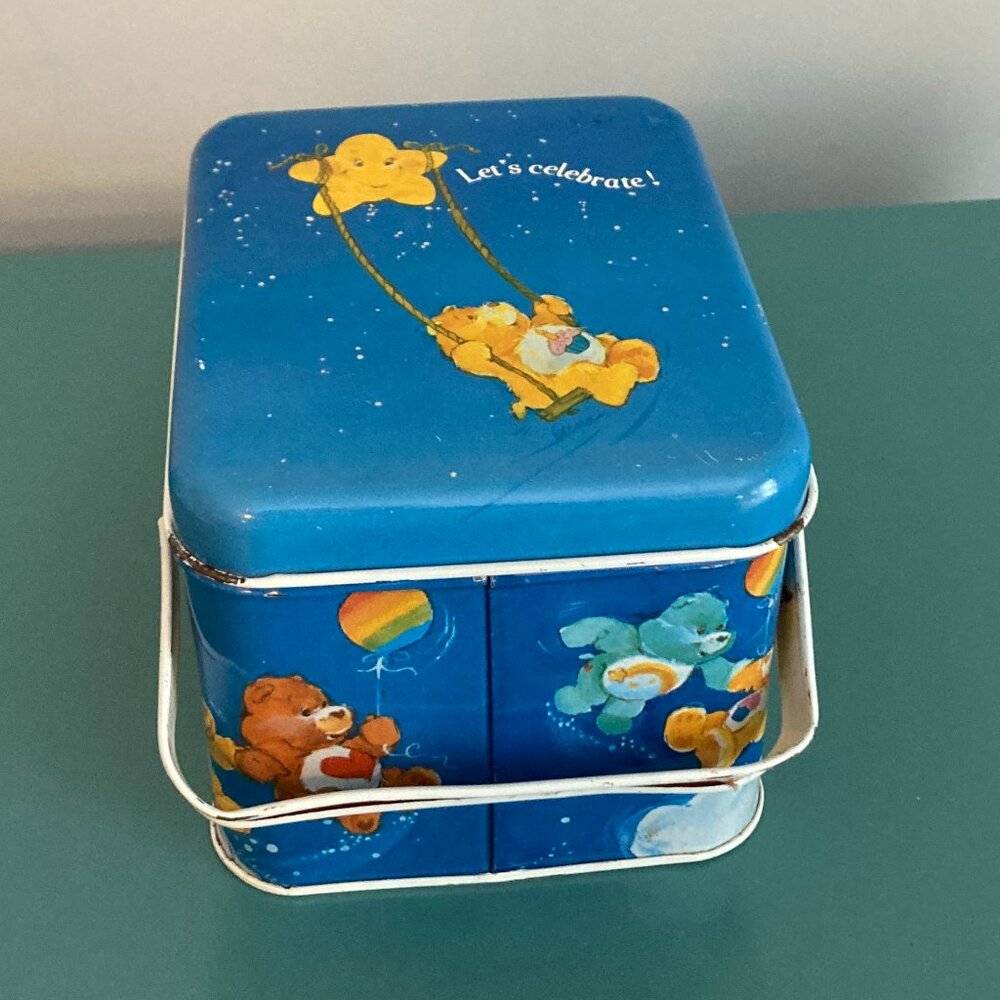 American Greetings Care Bears Vintage Collectible Metal Tin Basket w/Lid/Handles - Picture 3 of 15